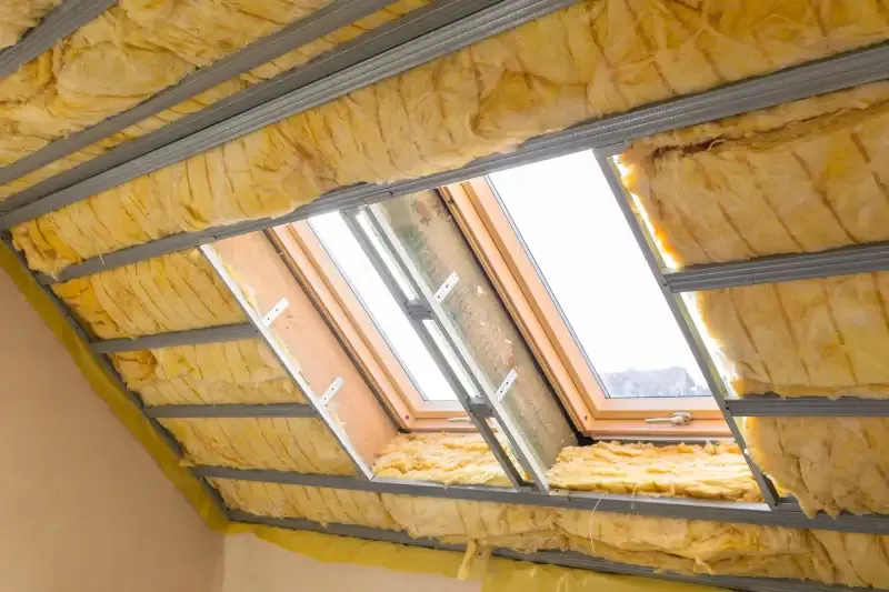 Isolation en laine minérale installée autour de plusieurs fenêtres de toit dans des combles en cours d'aménagement