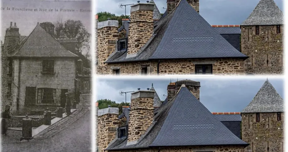 Montage d'une toiture en ardoise rénovée sur un bâtiment en pierre, avec une carte postale ancienne en noir et blanc à côté de la vue actuelle.